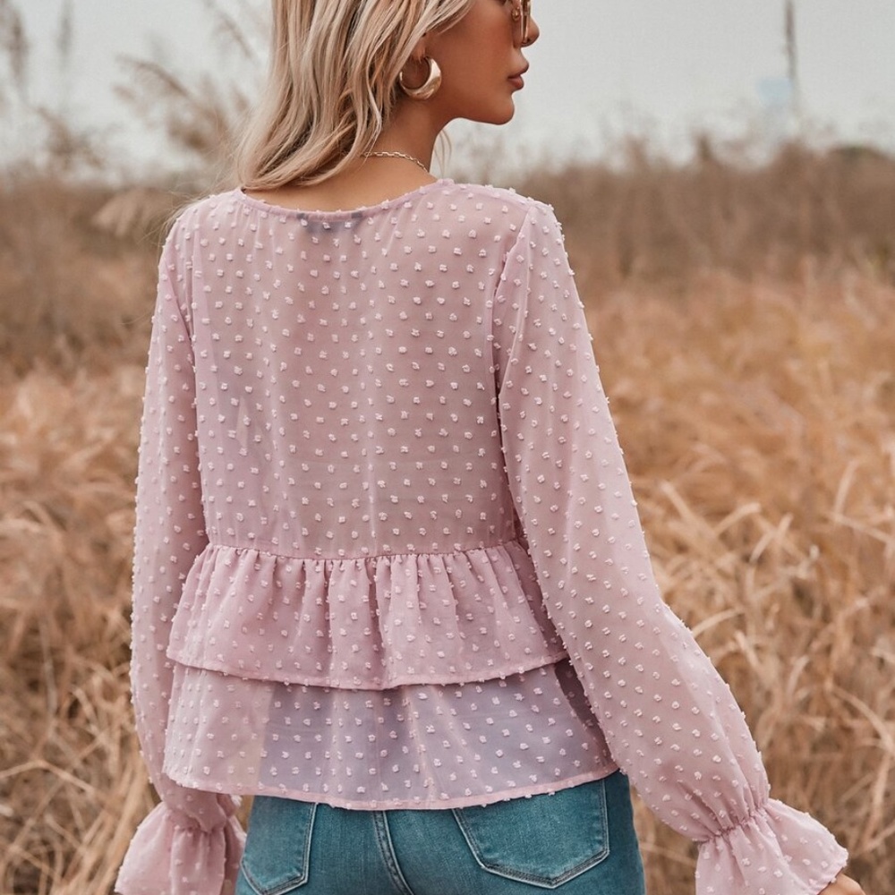 pink swiss dot ruffle babydoll long sleeve top - Picture 4 of 5